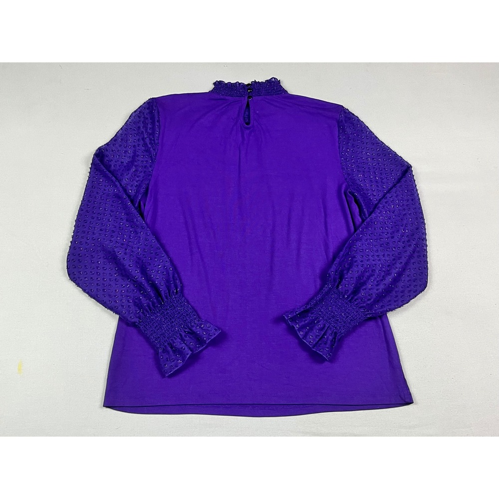 Talbots Purple Smocked Mock Neck Top Metallic Swiss Dot Sheer Sleeve Womens Med - Picture 2 of 7